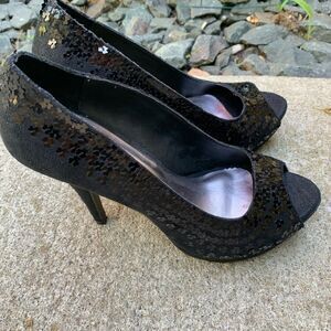 Chinese Laundry black sequin platform heels, open toe, size 9